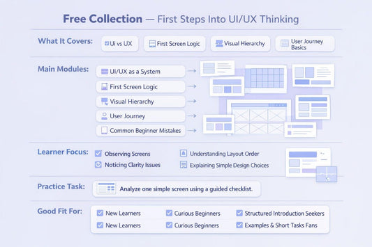 Course outline for 'Free Collection: First Steps into UI/UX Thinking' with modules and learner focus areas.