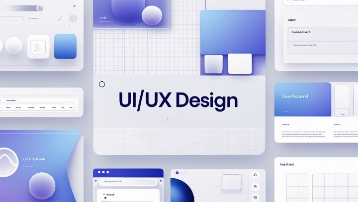 UI/UX design elements with 'UI/UX Design' text on a blue and white background