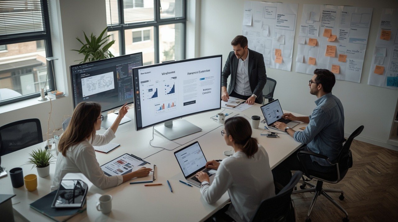 Four professionals working at a modern office desk with multiple monitors and laptops.