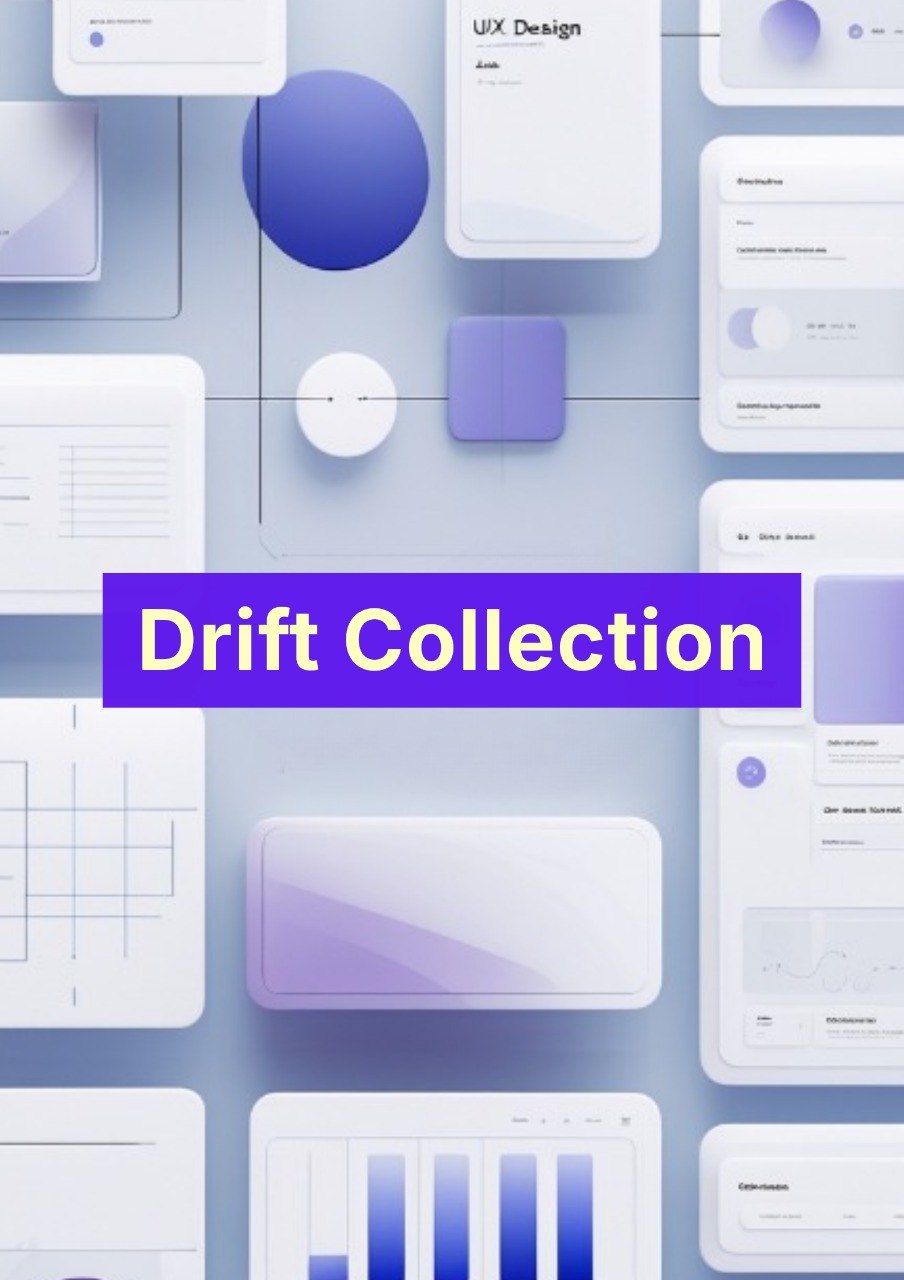 Collage of design elements with 'Drift Collection' text on a blue gradient background