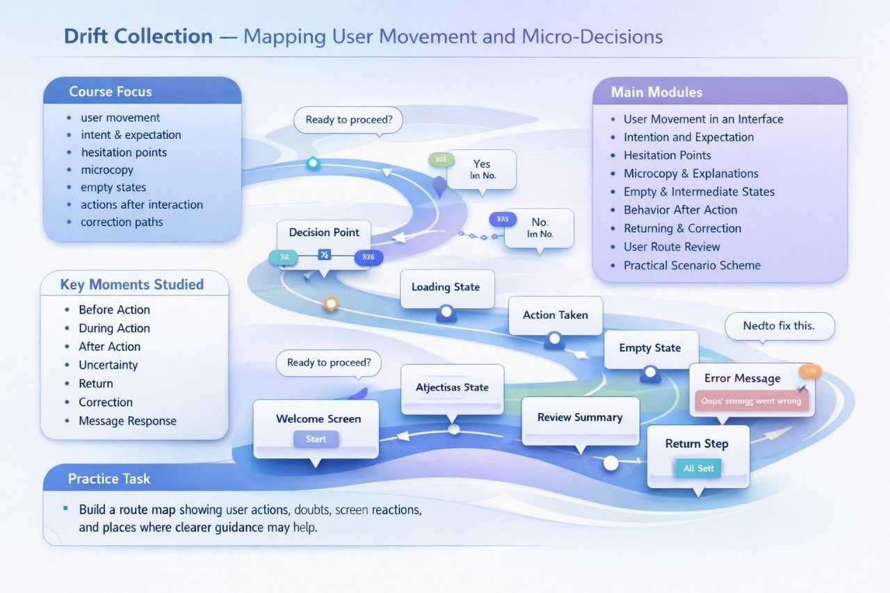 Diagram mapping user movement and micro-decisions in a user interface flowchart.