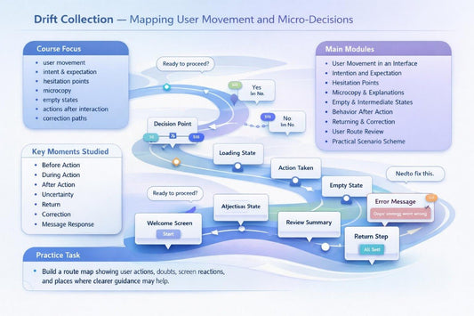 Diagram mapping user movement and micro-decisions in a user interface flowchart.