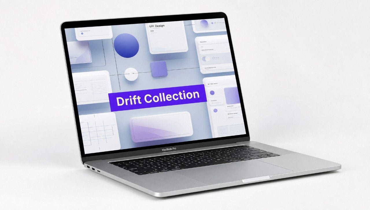 Laptop displaying a design software interface with 'Drift Collection' on the screen.