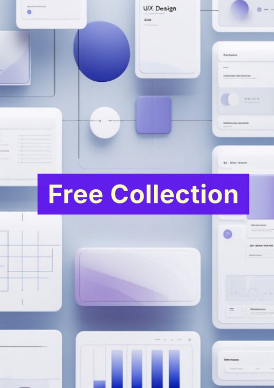 Collage of UI elements with 'Free Collection' text on a blue gradient background