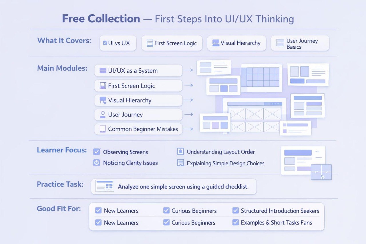 Course outline for 'Free Collection: First Steps into UI/UX Thinking' with modules and learner focus areas.