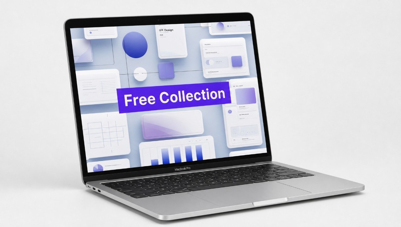 Laptop with a screen displaying a 'Free Collection' offer on a white background