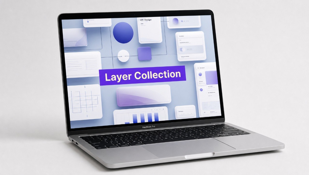 Laptop displaying a 'Layer Collection' on a white background