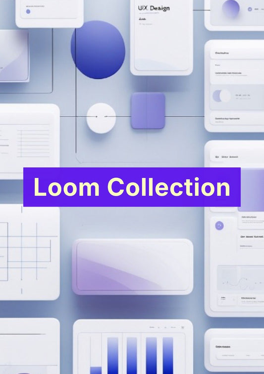 Collage of design elements with 'Loom Collection' text on a blue gradient background