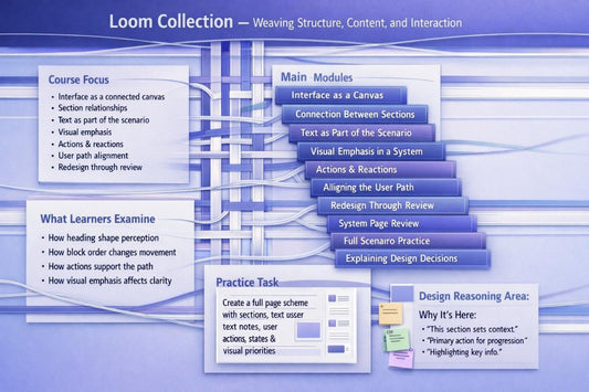 Diagram of Loom Collection with weaving structure, content, and interaction on a blue background