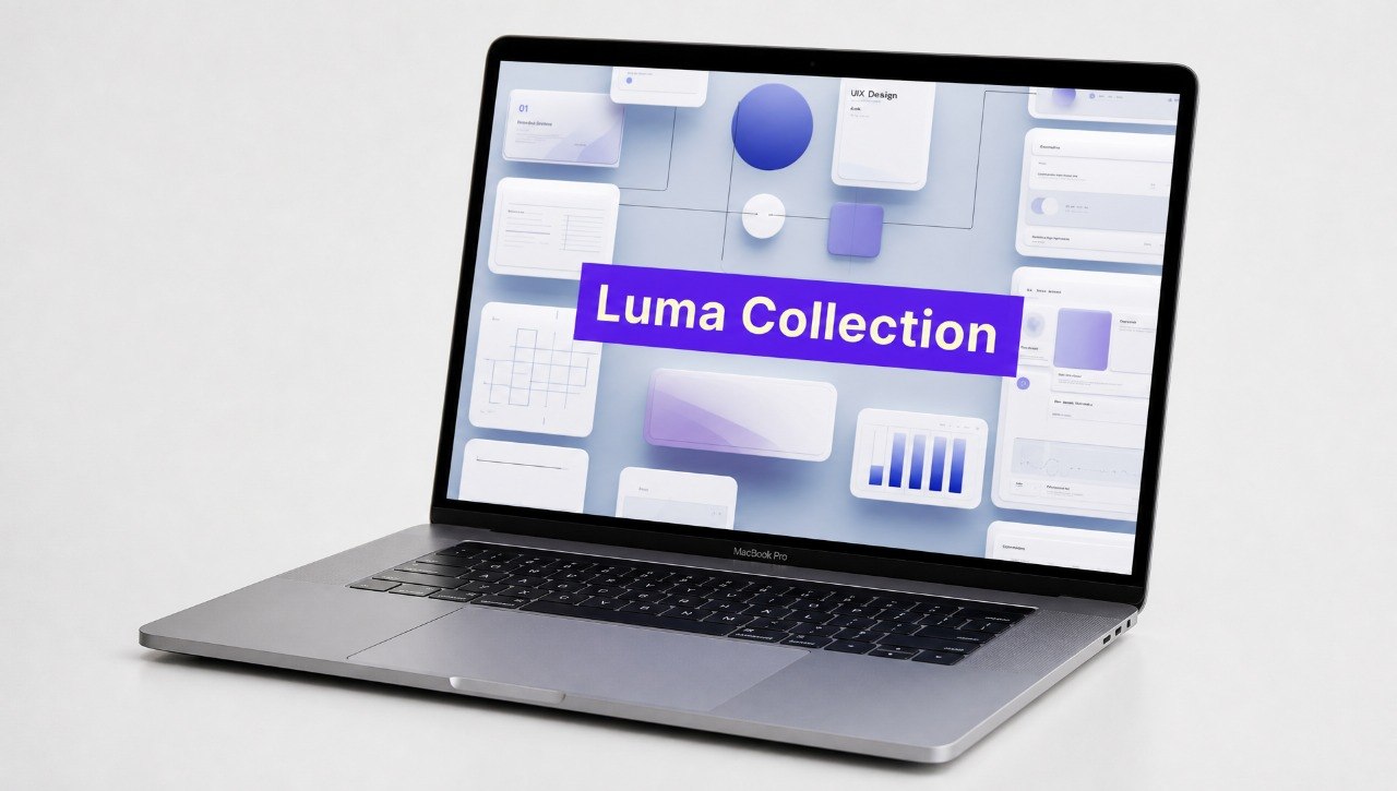 Laptop displaying the 'Luma Collection' on a white background
