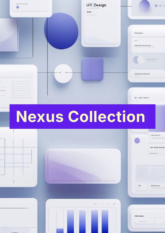 Collage of design elements with 'Nexus Collection' text on a blue gradient background