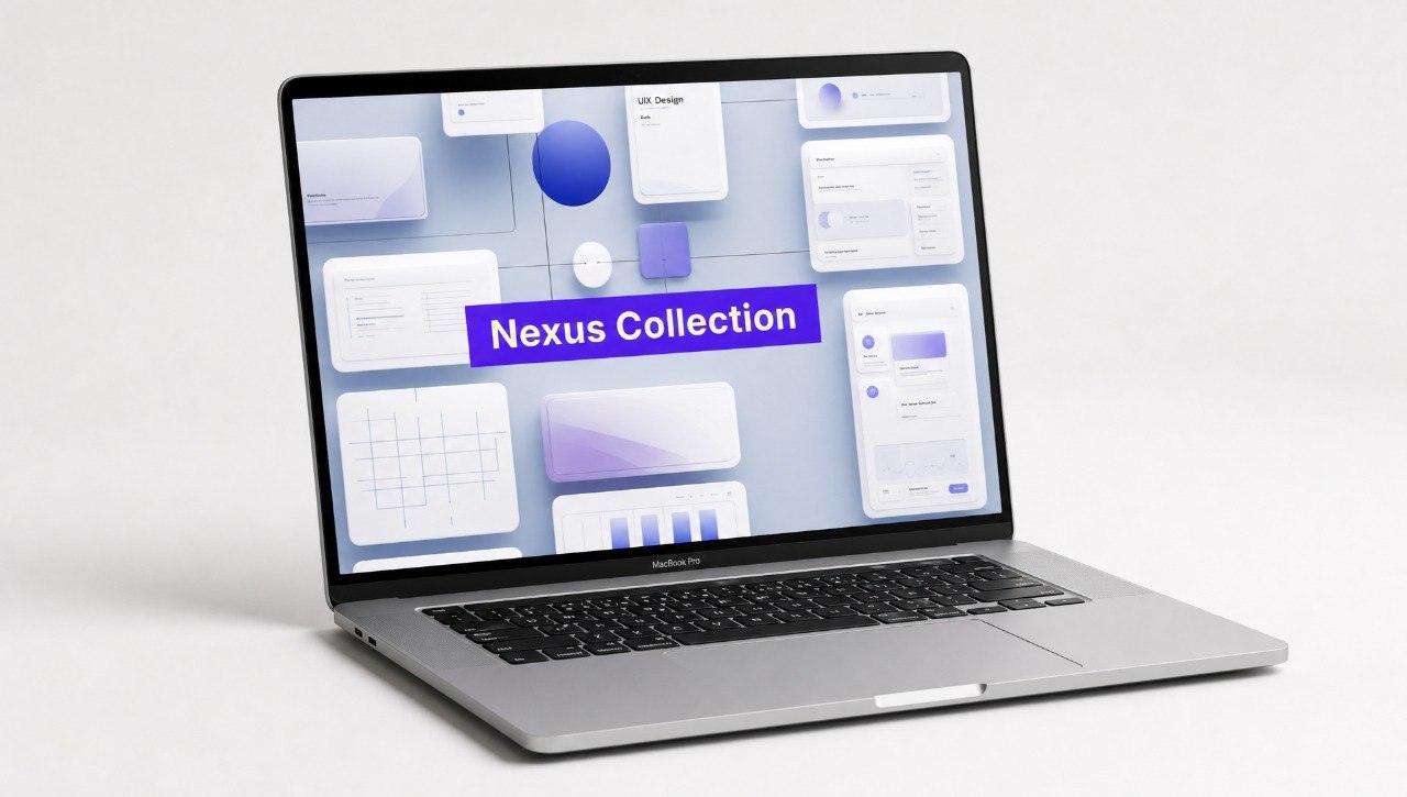 Laptop displaying a screen with 'Nexus Collection' on a light gray background
