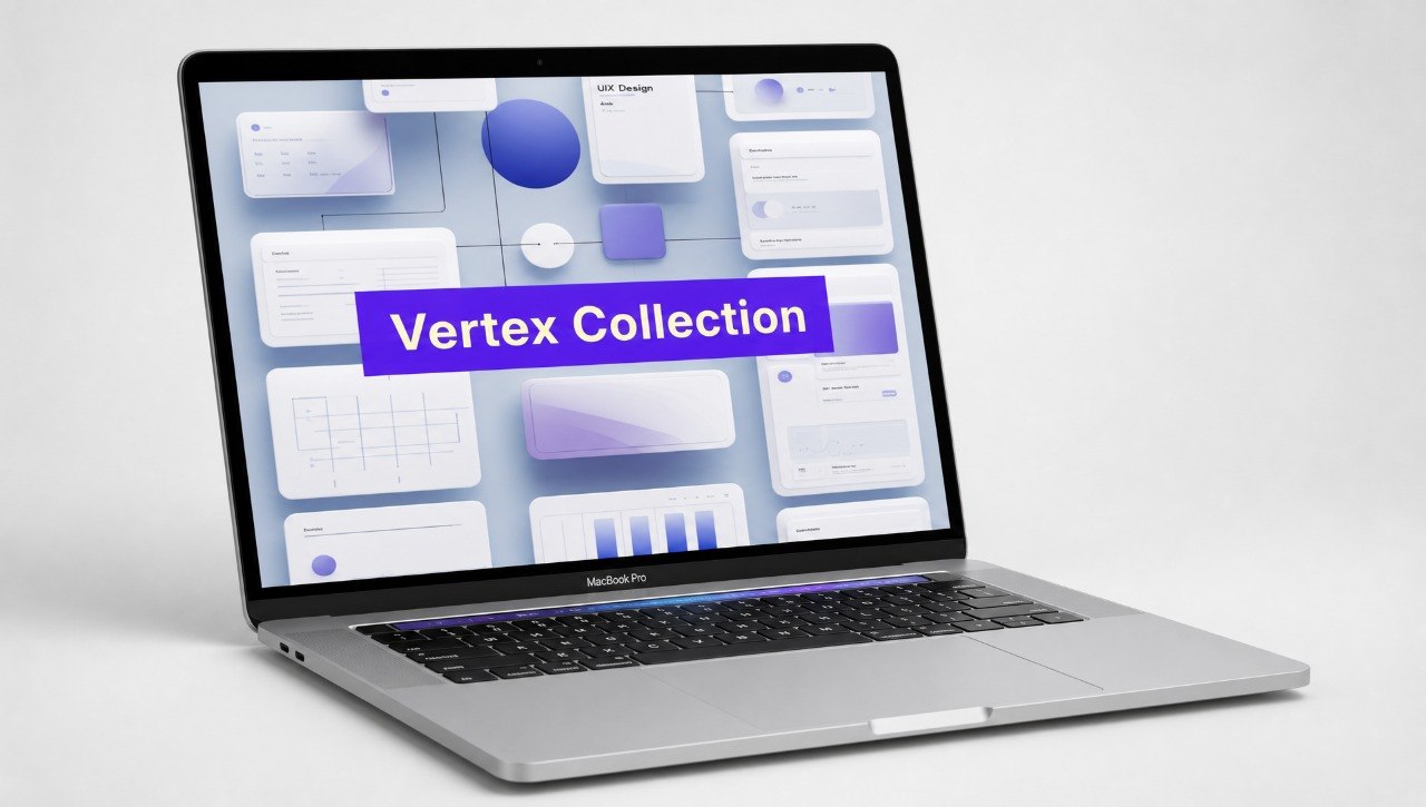 Laptop displaying a screen with 'Vertex Collection' on a white background